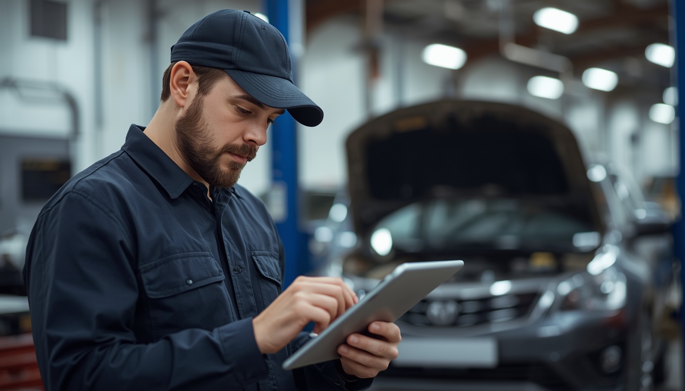 Mécanicien consultant un dossier d'atelier sur sa tablette, devant un véhicule au garage